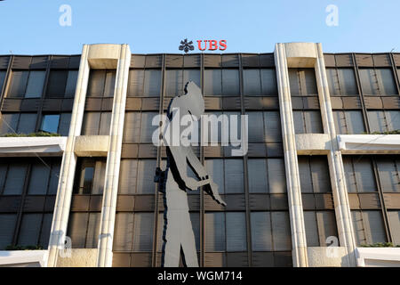 Hammering man, a giant sculpture by the American artist Jonathan Borofsky. Basel, Switzerland Stock Photo