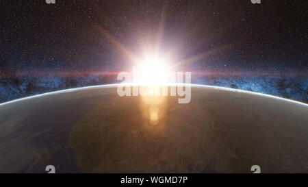 Beautiful sunrise view from space on Planet Earth. World close up rotating in Universe of blue sky stars. High detailed 4k 3D Render animation. Elements of this image furnished by NASA Stock Photo