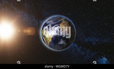 Sunrise view from space on Planet Earth and Sun. World rotating on its axis, Milky Way star in background. Cities Lights. High detailed 4k 3D Render animation. Elements of this image furnished by NASA Stock Photo