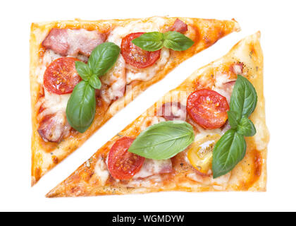 Pizza slices with basil isolated on white background Stock Photo