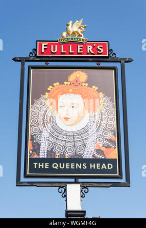 The Queens Head Pub sign, High Street, Cranford, London Borough of Hounslow, Greater London, England, United Kingdom Stock Photo