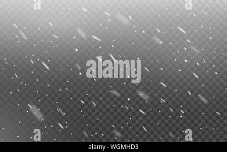 Snowfall realistic on transparent backdrop. Christmas falling snowflakes. Defocused snow on dark template. Different snow flakes. Winter texture with Stock Vector