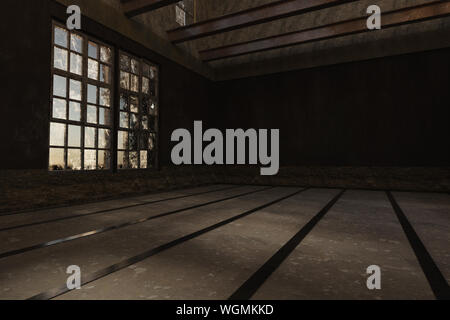 3d rendering of abandoned grunge hall with rusty metal beams Stock Photo