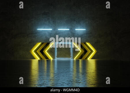 3d rendering of blue neon square surrounded by yellow warning hazard shape on grunge floor Stock Photo