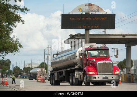 Fort Lauderdale, Florida, USA. 30th Aug, 2019. Fuel Tankers entering and leaving Port Everglades in Fort Lauderdale. Fuel demand in Florida is on the increase as residents stock up with gas in enticipation of Hurricane Dorian. Credit: Orit Ben-Ezzer/ZUMA Wire/Alamy Live News Stock Photo