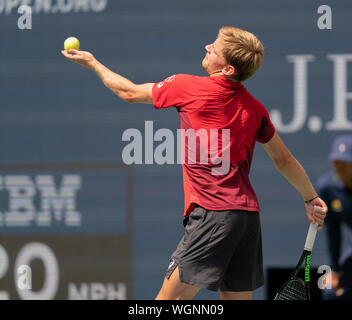 New York, NY - September 1, 2019: David Goffin (Belgium) in action during round 4 of US Open Championship against Roger Federer (Switzerland) at Billie Jean King National Tennis Center Stock Photo
