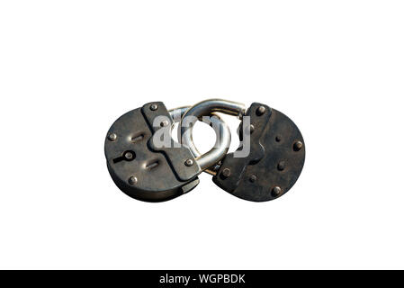 Two closed padlocks connected together, isolated on a white background with a clipping path. Stock Photo