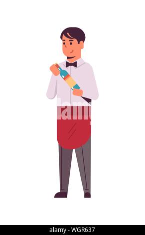 professional waiter holding bottle of wine man restaurant worker in red apron offering alcohol drink flat full length white background vertical vector Stock Vector