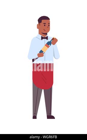 professional waiter holding bottle of wine african american man restaurant worker in red apron offering alcohol drink flat full length white Stock Vector