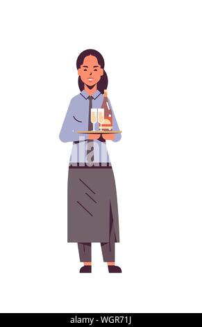 professional waitress holding bottle and champagne glasses on tray woman restaurant worker in apron carrying alcohol drinks flat full length white Stock Vector