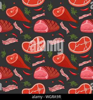 Seamless pattern on dark background with gammon, ham, bacon, steak on the bone, hot pepper and dill. Meat products background. Vector illustration. Stock Vector