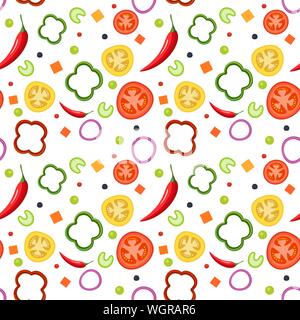 Seamless pattern on white background with vegetables. Red and yellow tomatoes, paprika, hot peppers, onions, green peas and celery. Vector Stock Vector