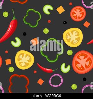 Seamless pattern on dark background with vegetables. Red and yellow tomatoes, paprika, hot peppers, onions, green peas and celery. Vector illustration Stock Vector