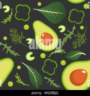 Seamless pattern on dark background with green vegetables. Avocado, paprika, green peas, celery, spinach, arugula and dill. Vector illustration. Stock Vector