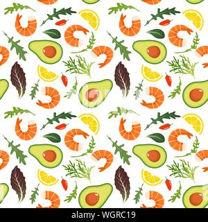 Seamless pattern on white background with shrimp, avocado, arugula, chilli and lemon slice. Shrimp salad with avocado background. Vector illustration. Stock Vector