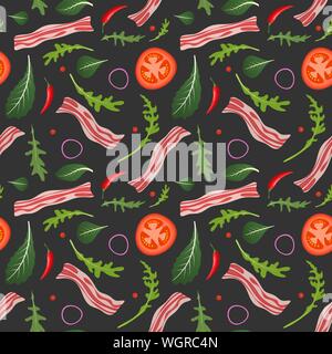 Seamless pattern on dark background with bacon, tomatoes, onion and lettuce. Breakfast food. Vector illustration. Stock Vector