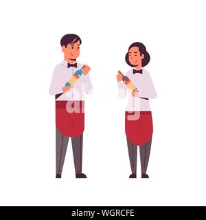 professional waiters couple holding bottles of wine man woman restaurant workers in red apron offering alcohol drinks flat full length white Stock Vector