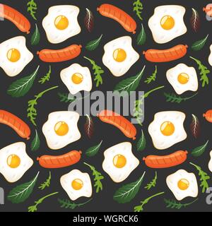 Seamless pattern on dark background with fried eggs, sausages, and lettuce. Omelet, scrambled eggs. Breakfast food. Vector illustration. Stock Vector