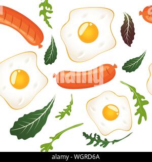 Seamless pattern on white background with fried eggs, sausages, and lettuce. Omelet, scrambled eggs. Breakfast food. Vector illustration. Stock Vector