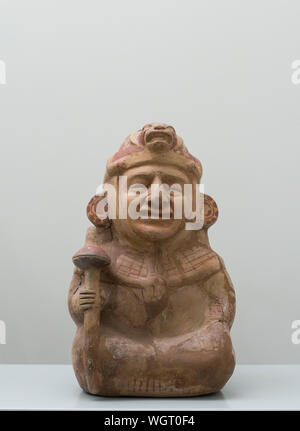 Madrid, Spain - Sept 8th, 2018: Mochica vessel depicting a warrior with maze. Museum of the Americas, Madrid, Spain Stock Photo