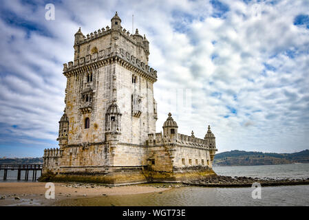 Lisbon, Portugal - July 26, 2019: Belem Tower, a medievel fortress overlooking the Tagus river estuary Stock Photo