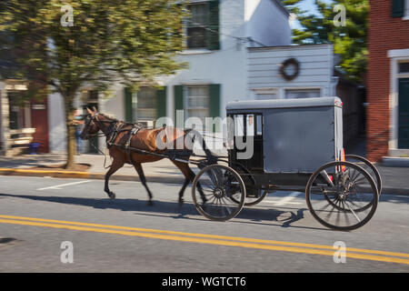 An Amish horse and buggy in the village of Lititz, Lancaster County, Pennsylvania, USA. The grey sides distinguish this buggy as Amish. Stock Photo