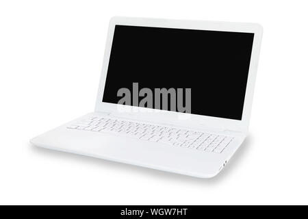Close up laptop technology education modern slim design  with blank screen isolated on white background with clipping path. Laptop di cut with path si Stock Photo