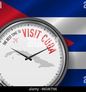 The Best Time to Visit Cuba. Travel to Cuba. Tourist Air Flight. Waving Flag Background and Dots Pattern Map on the Dial. Vector Illustration. Stock Vector