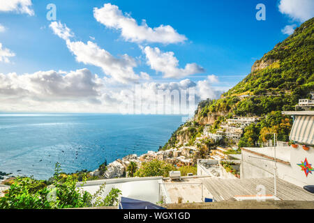 A view from the Amalfi Coast near Sorrento Italy of the Mediterranean Sea, village and many boats in the water Stock Photo