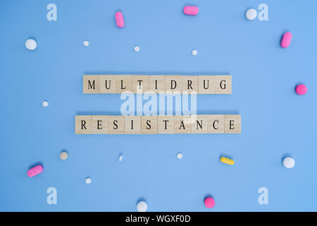 Concept showing of Multidrug resistance with medicines or pills in wooden block letters. Stock Photo