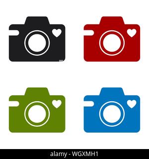 Camera icon with a heart symbol. Set of colored icons. Isolated vector illustration on white background. Stock Vector