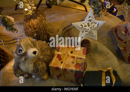 Decorated christmas tree and gift boxes. Stock Photo