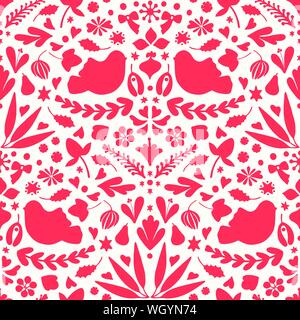 Christmas silhouette folk pattern design in red and white. Seamless vector seasonal illustration with birds, bows and foliage. Stock Vector
