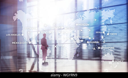 Global Aviation Abstract Background with planes and city names on a map. Business Travel Transportation concept. Stock Photo