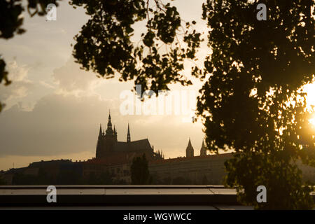 View over Prague city on the sunset. St. Vita Cafedral Stock Photo