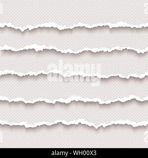 Set of horizontal seamless torn white paper with shadow. Damaged cardboard borders. Ripped stripes of paper. Vector illustration isolated on transpare Stock Vector