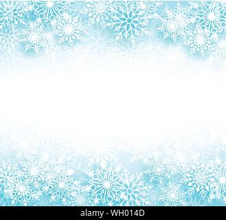 Snow winter vector background with different shapes of snowflakes elements and empty white space for text in a white background. Vector illustration. Stock Vector