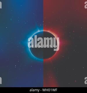 Solar eclipse. Astronomy effect - sun eclipse. Abstract astral universe background red and blue version. Rays of starlight burst out from behind the p Stock Vector