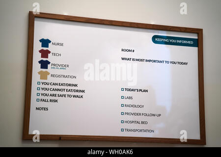 Hospital room information board describing medical personnel information, tasks, notes, patient feedback, and other vital info. Stock Photo