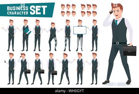 Business characters vector set with businessman wearing office attire talking on phone and have different posture and gesture for presentation. Vector Stock Vector