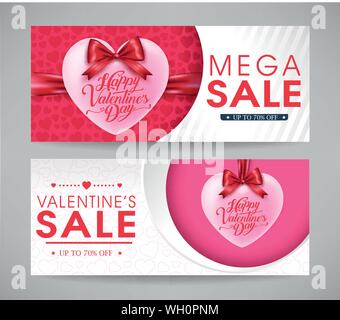 Valentines Day Mega Sale Banners Set with Hearts and Ribbons for Promotional Purposes. Vector Illustration. Stock Vector