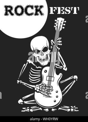 Rock festival black and white poster with skeleton plays electric guitar. Vector illustration. Stock Vector