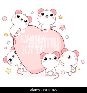 Cute holiday card in kawaii style. Five little lovely rats with heart, inscription Happy New 2020 year. EPS8 Stock Vector