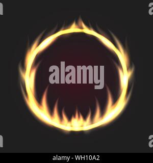 Fire circle. Ring of fire flame. Round fiery frame on black background. Vector illustration Stock Vector