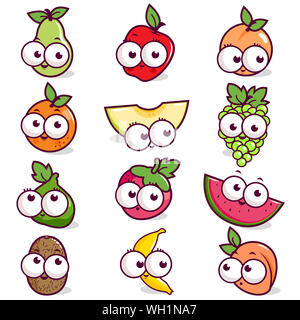 Cute funny fruit stickers collection. Cartoon fruit characters, grape, apple, pear, melon, fig and more. Stock Photo