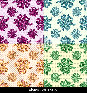 petals of flowers set of 4 colored vector seamless geometric patterns on the background Stock Vector