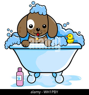 Illustration of a dog in a tub taking a bubble bath. Stock Photo