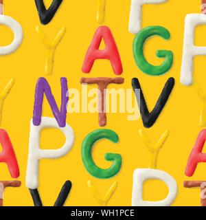 Seamless pattern with alphabet. Handmade modeling clay letters. Realistic 3d vector background. Stock Vector