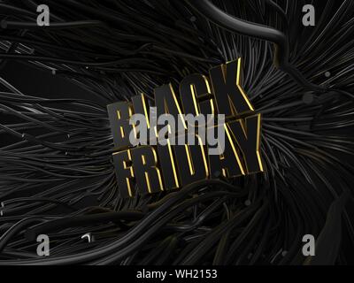black friday text with golden edges on black tentacles background. dark themed 3d illustration. Stock Photo