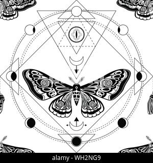 Night moth, butterfly pupa. Sacred geometry, esoteric. Black and white vector illustration. Seamless pattern Stock Vector